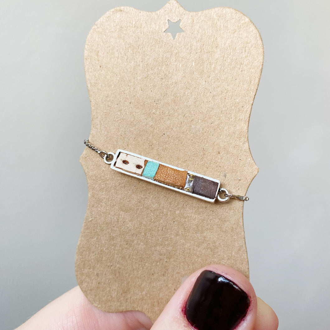 Boho Bolo Bracelet - Tiny Pieces of Recycled- Upcycled Leather on Silver Adjustable Bolo Chain