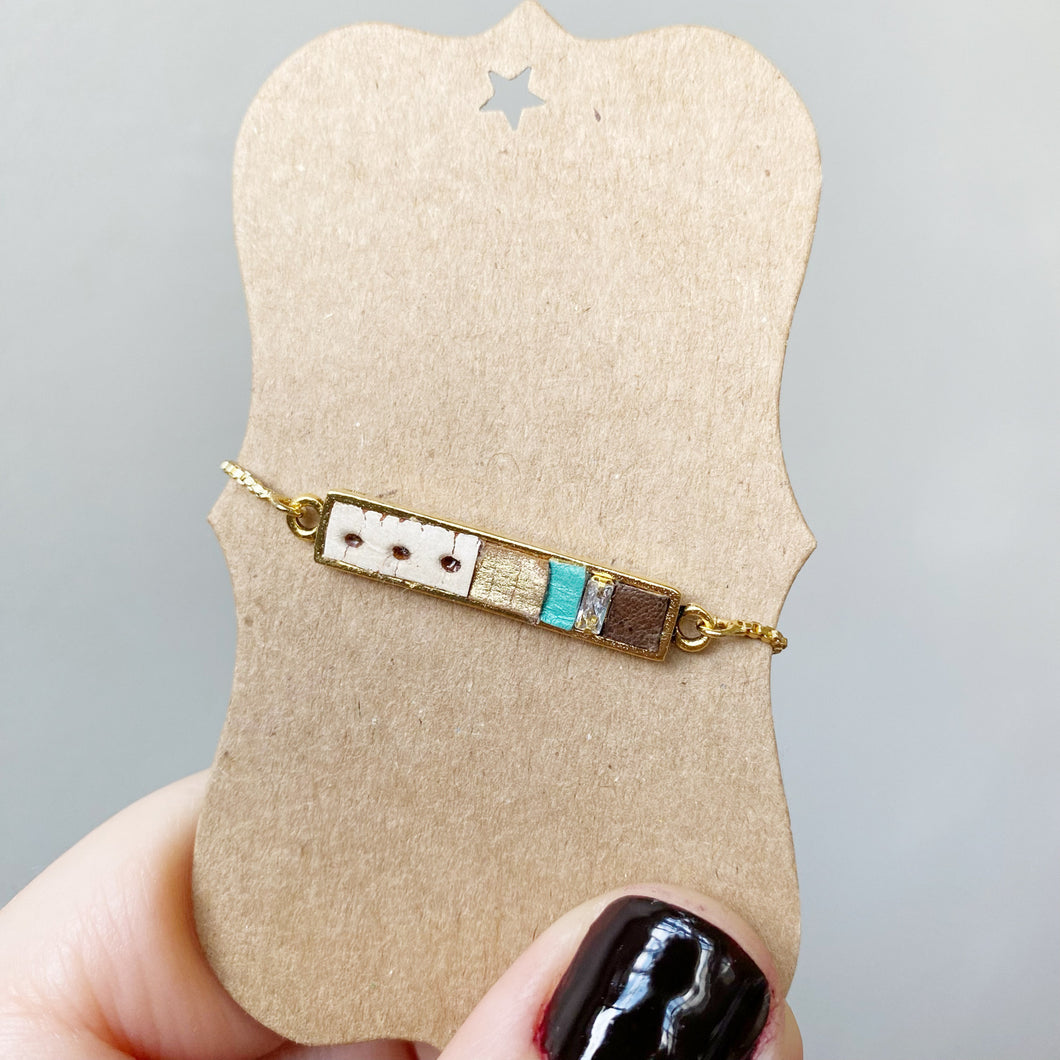 Boho Bolo Bracelet - Tiny Pieces of Recycled- Upcycled Leather on Gold Adjustable Bolo Chain