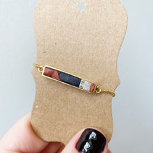 Load image into Gallery viewer, Boho Bolo Bracelet - Tiny Pieces of Recycled- Upcycled Leather on Gold Adjustable Bolo Chain