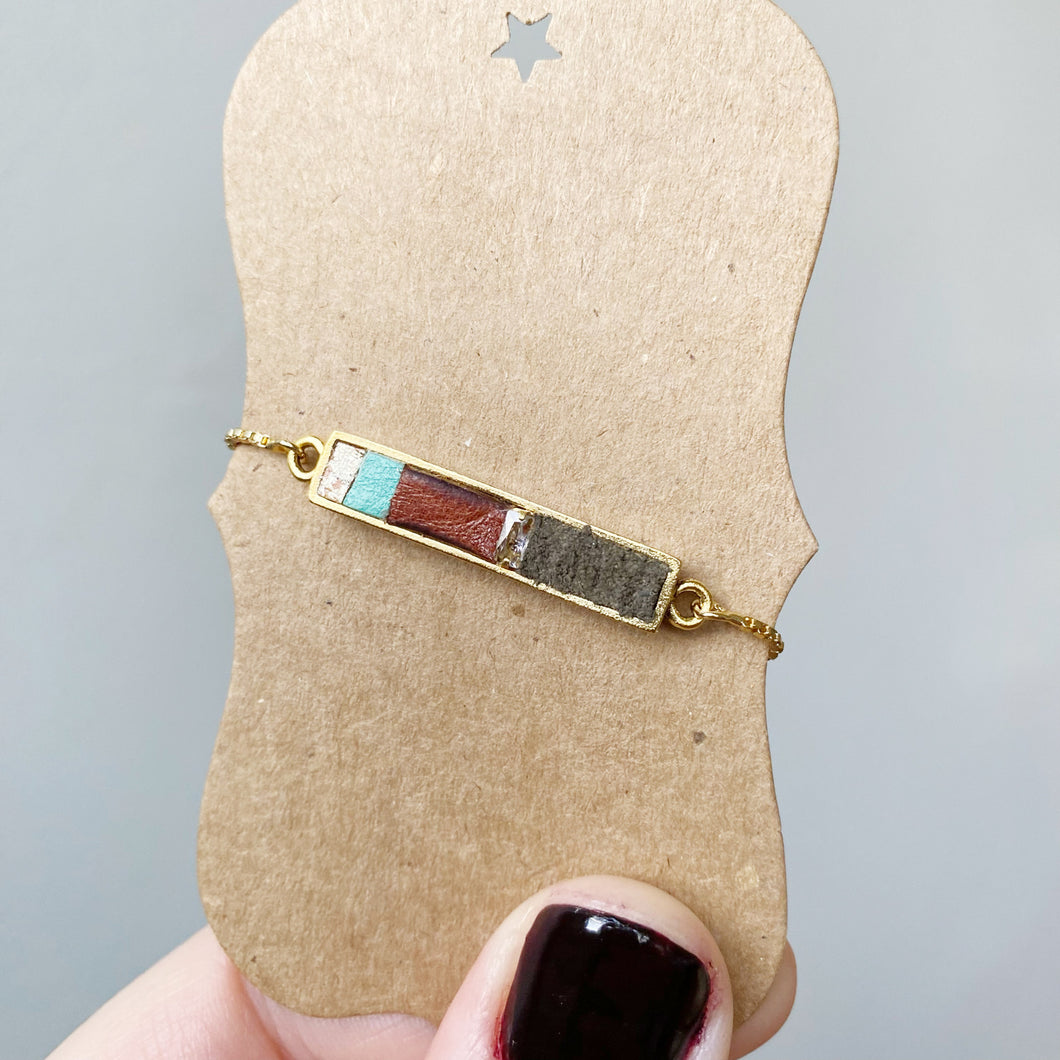 Boho Bolo Bracelet - Tiny Pieces of Recycled- Upcycled Leather on Gold Adjustable Bolo Chain