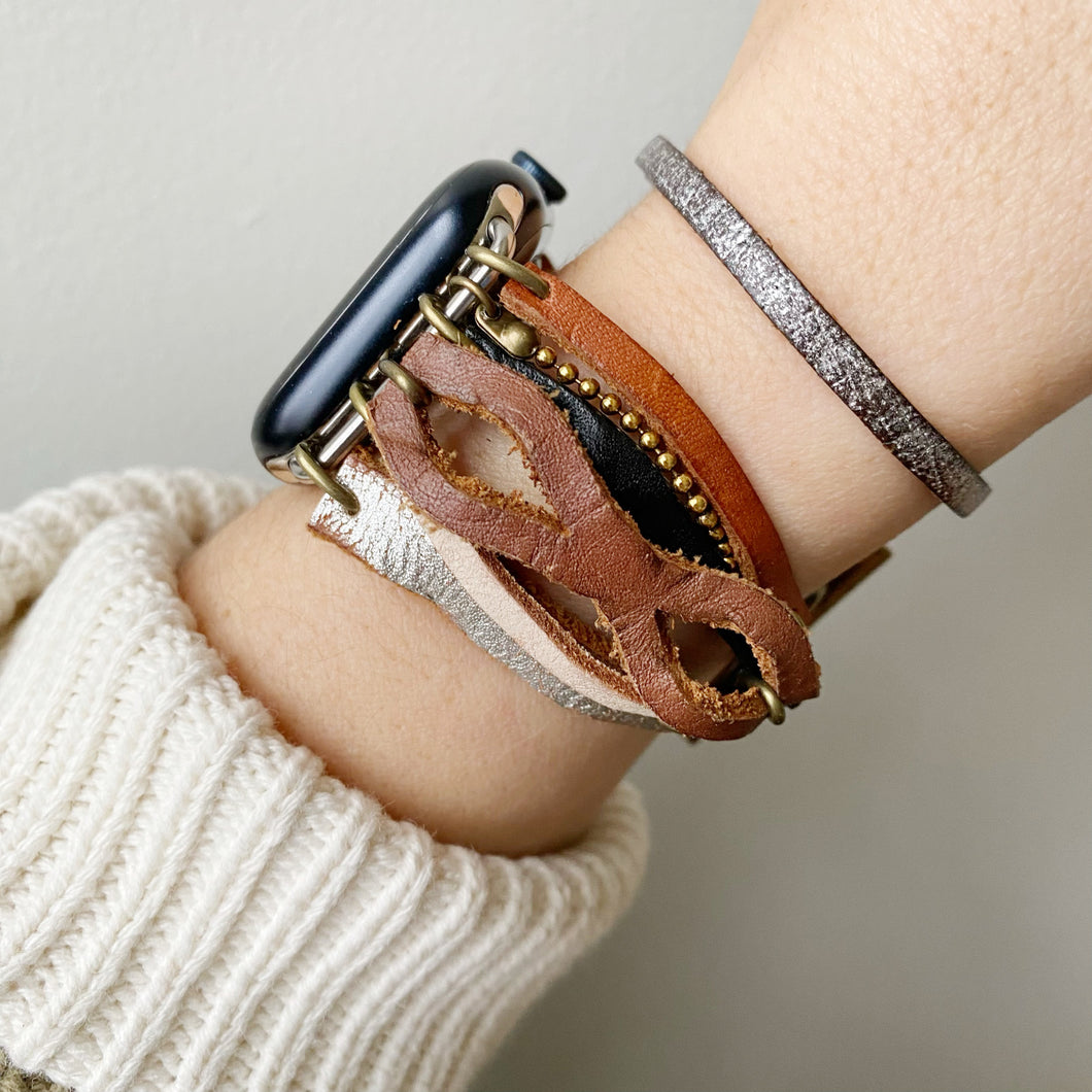 Multi Strand Recycled Leather Apple Watch Band with Antique Bronze Toggle - for 38/40mm  or 42/44mm - Made to Order